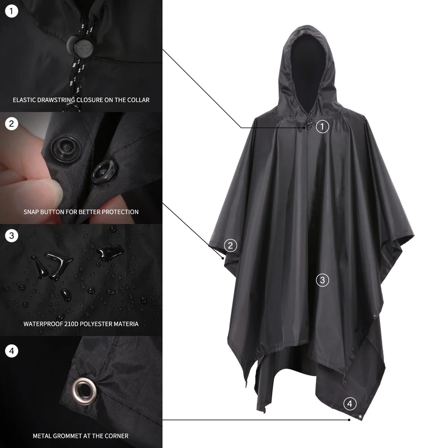3-in-1 Waterproof Rain Poncho Lightweight Hooded Rain Coat