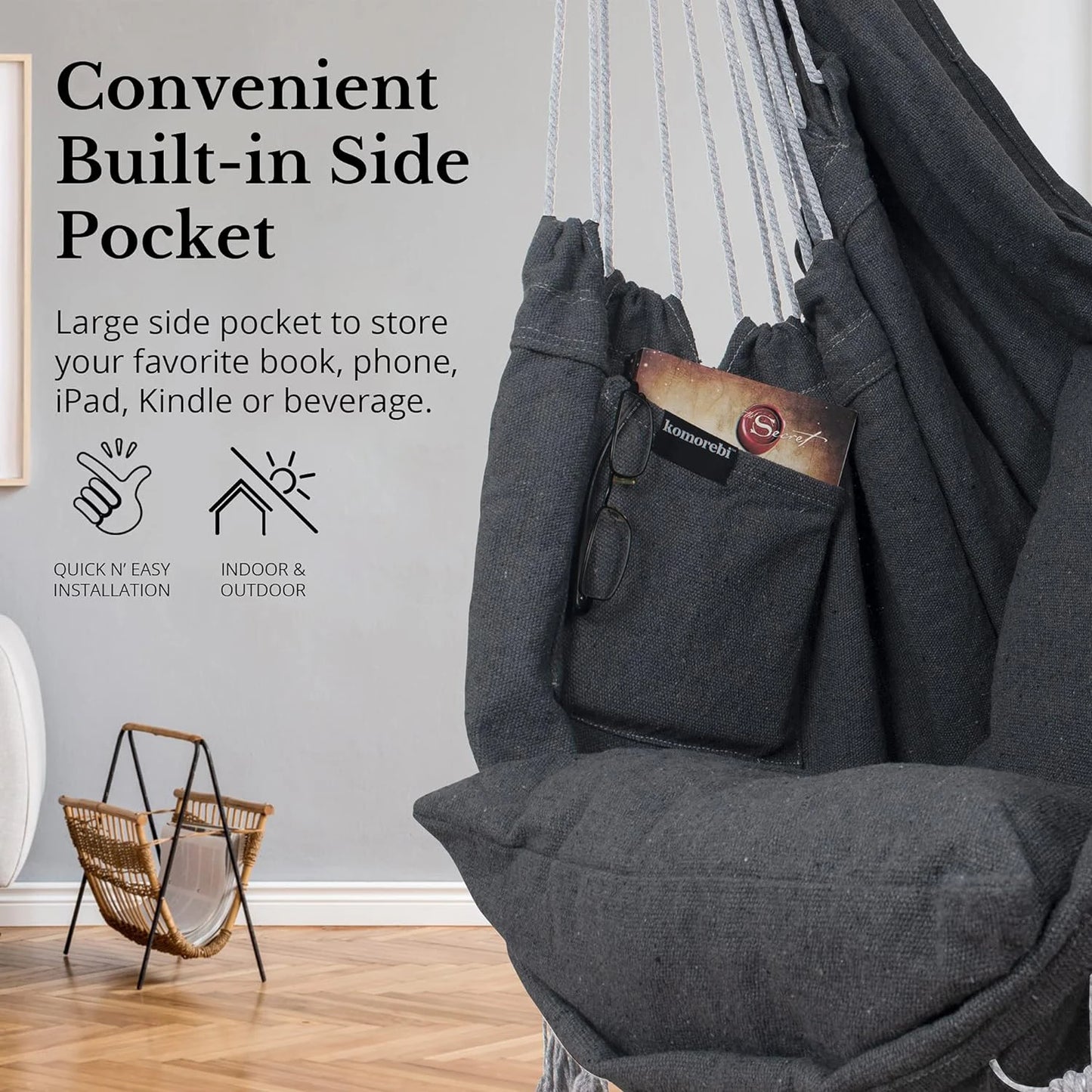 Hammock Chair Hanging Rope Swing, Max 500 Lbs
